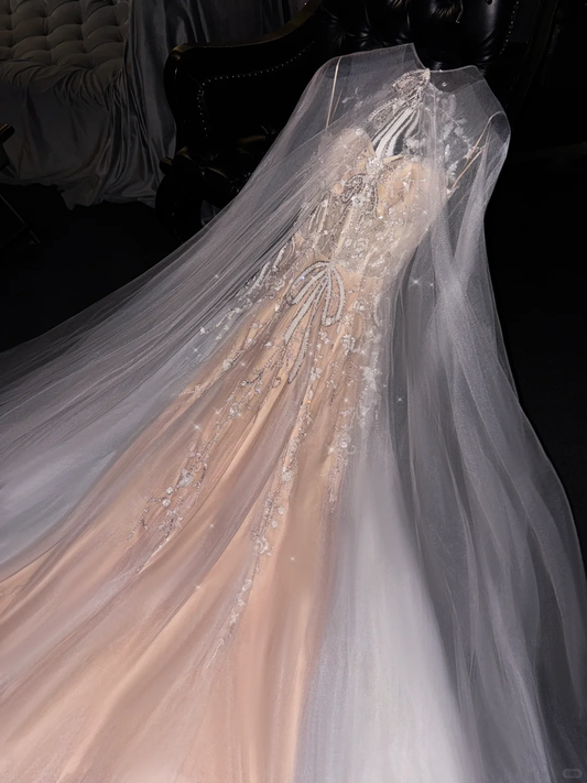 Elegantes champagnerfarbenes Abendkleid mit Stickerei und transparenter Schleppe DP7315