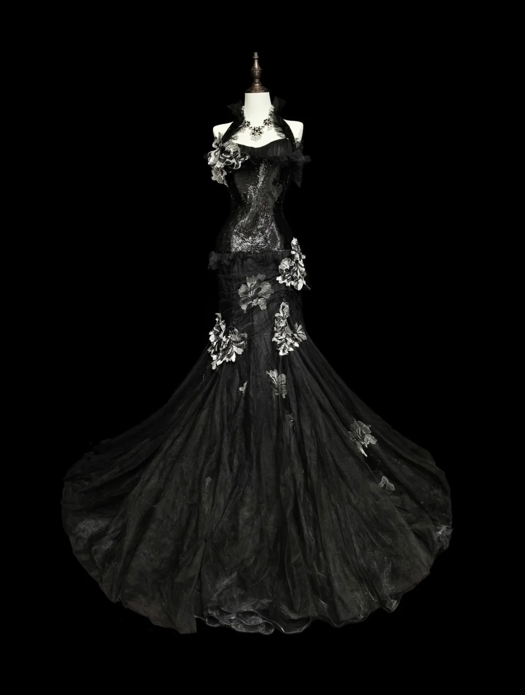 Robe de soirée longue noire style sirène à col licou et perles en tulle, style vintage, DP5164