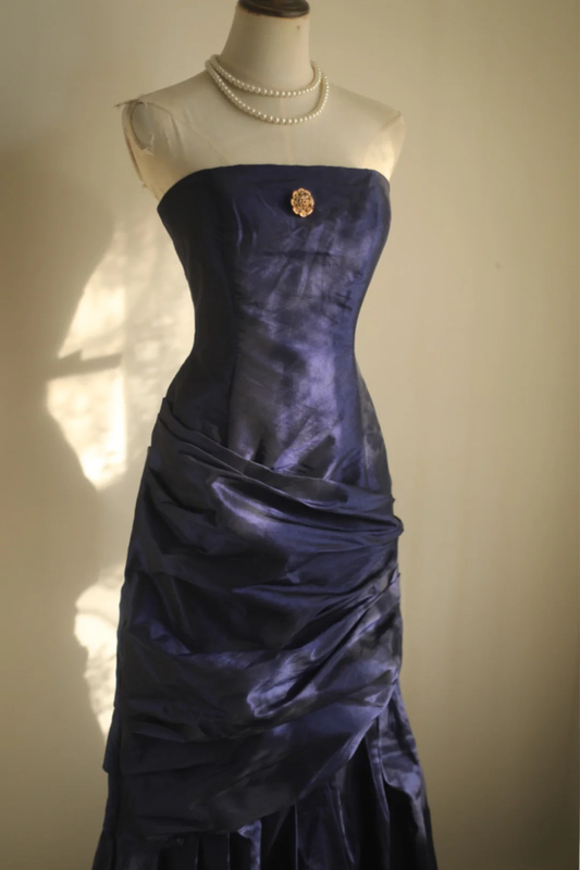 Navy Blue Strapless Sheath Satin Long Prom Dresses Vintage Evening Dresses, DP5159