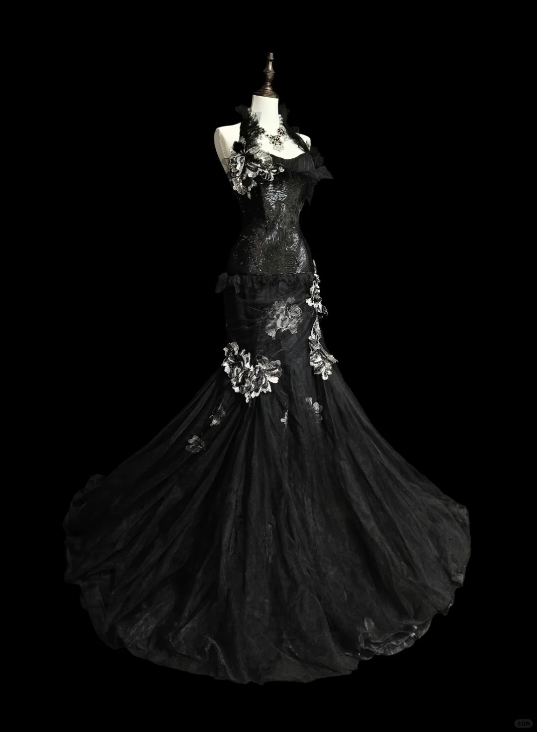 Black Halter neck Mermaid Beading Tulle Vintage Long Evening Party Dress, DP5164