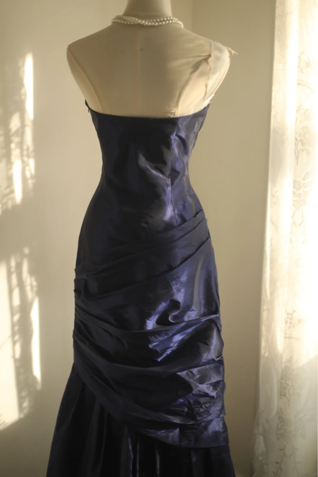 Navy Blue Strapless Sheath Satin Long Prom Dresses Vintage Evening Dresses, DP5159