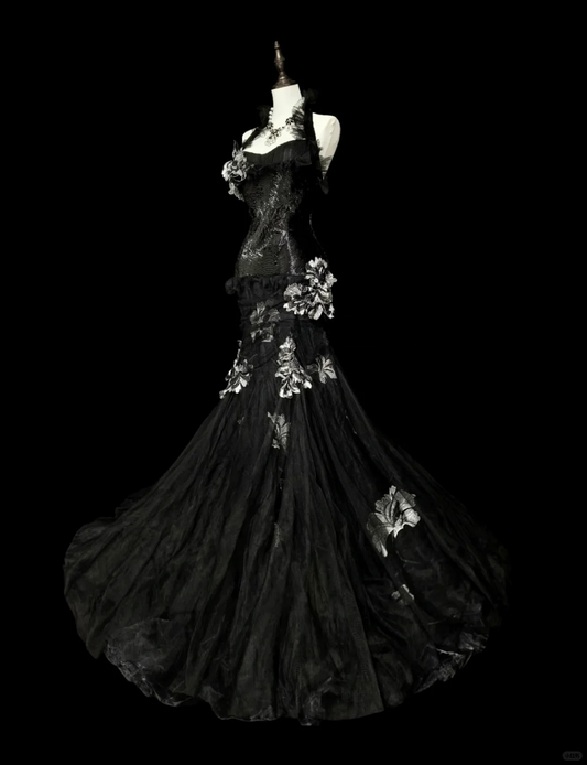 Black Halter neck Mermaid Beading Tulle Vintage Long Evening Party Dress, DP5164