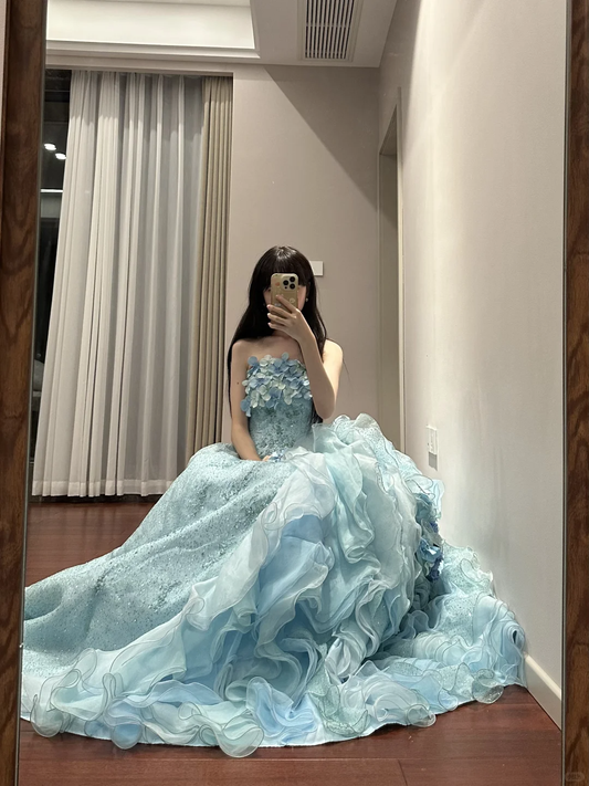 Blue Strapless A-Line Chiffon Quinceanera Dress Sweet 16 Birthday Ball Gown, DP5156