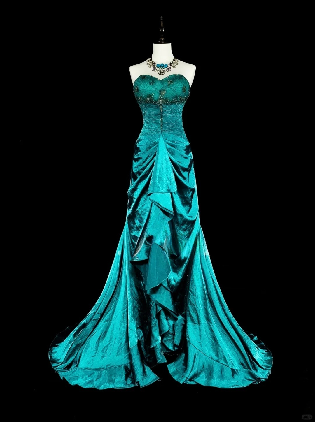 Pfauenblaues trägerloses Meerjungfrau-Kleid mit Perlenbesatz im Vintage-Stil, langes Abend- und Partykleid, DP5165