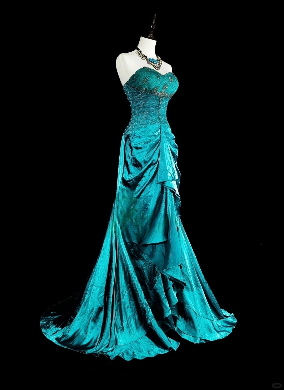 Pfauenblaues trägerloses Meerjungfrau-Kleid mit Perlenbesatz im Vintage-Stil, langes Abend- und Partykleid, DP5165