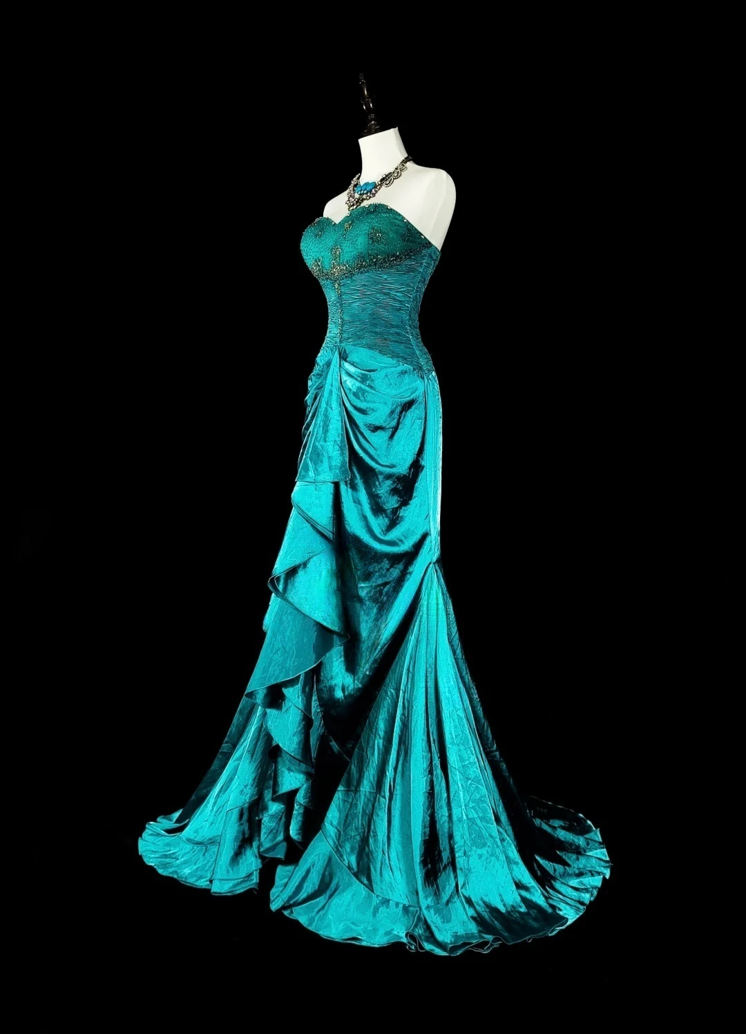Pfauenblaues trägerloses Meerjungfrau-Kleid mit Perlenbesatz im Vintage-Stil, langes Abend- und Partykleid, DP5165