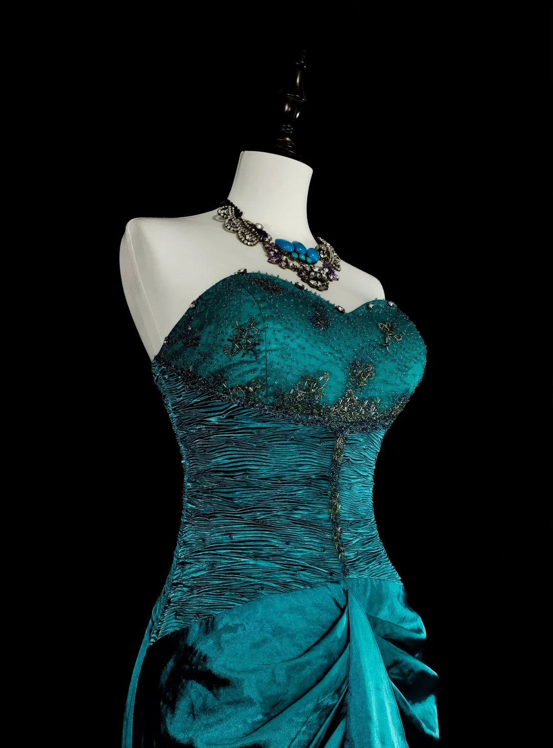 Pfauenblaues trägerloses Meerjungfrau-Kleid mit Perlenbesatz im Vintage-Stil, langes Abend- und Partykleid, DP5165