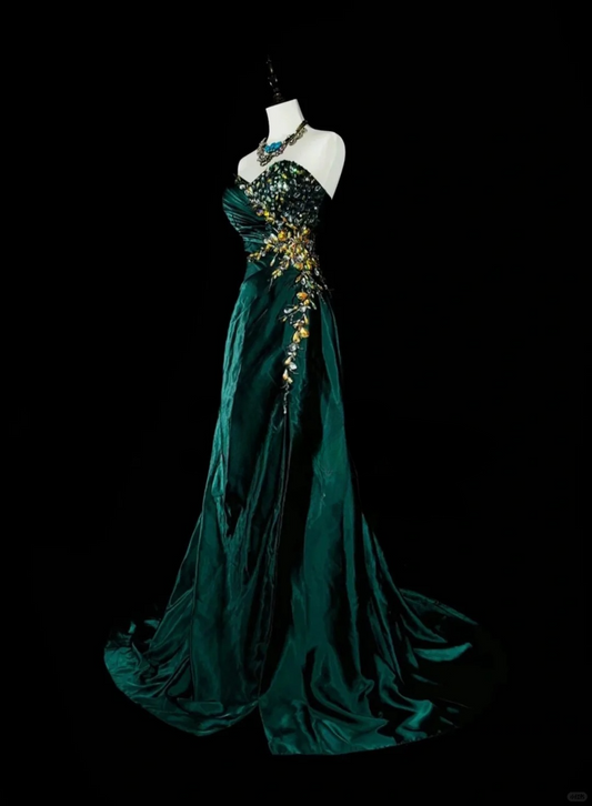 Dark Green Strapless Mermaid Beading Vintage Long Evening Party Dress, DP5166