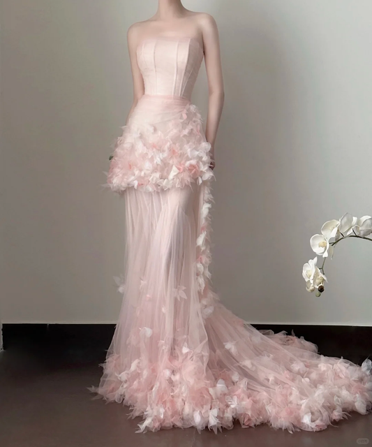 Light Pink Strapless Mermaid Tulle Long Evening Dresses Birthday Outfits, DP5102