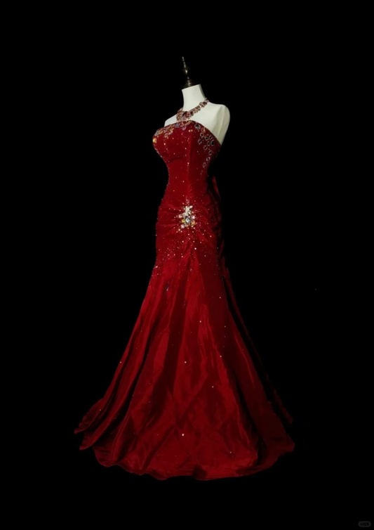 Charming Red Strapless Mermaid Beading Vintage Long Evening Party Dress, DP5167