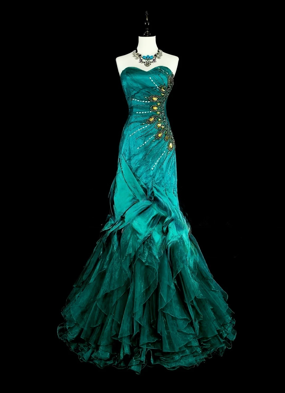 Retro Grünes trägerloses Meerjungfrau-Kleid mit Perlenbesatz und Rüschen, langes Vintage-Abendkleid, DP5203