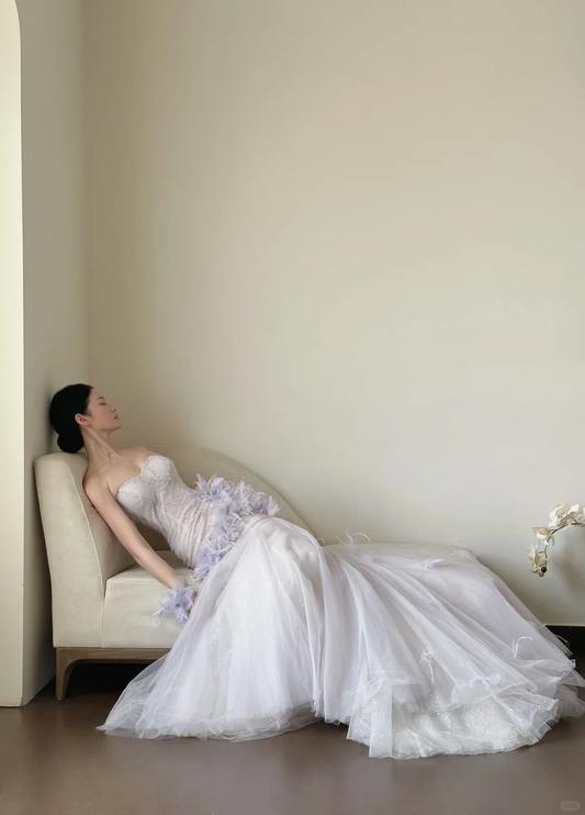 Light Lilac Sweetheart Mermaid Tulle Beads Long Evening Dresses Birthday Outfits, DP5103