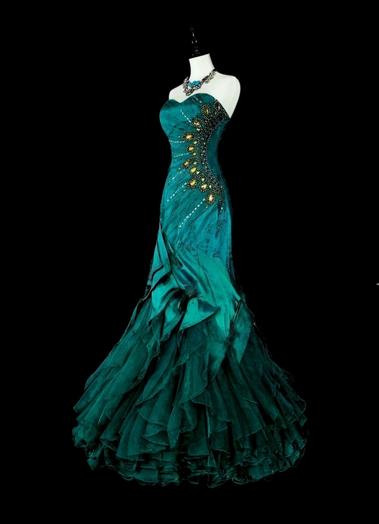 Retro Green Strapless Mermaid Beading Ruffles Vintage Long Evening Party Dress, DP5203