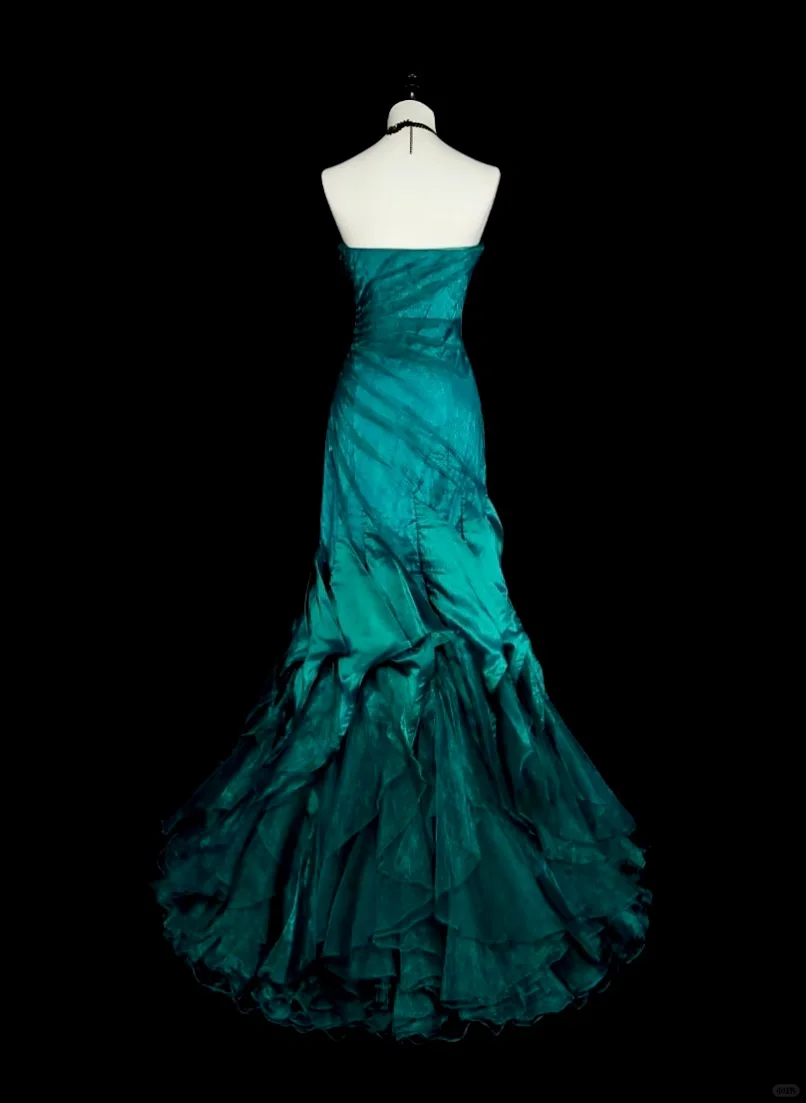 Retro Grünes trägerloses Meerjungfrau-Kleid mit Perlenbesatz und Rüschen, langes Vintage-Abendkleid, DP5203