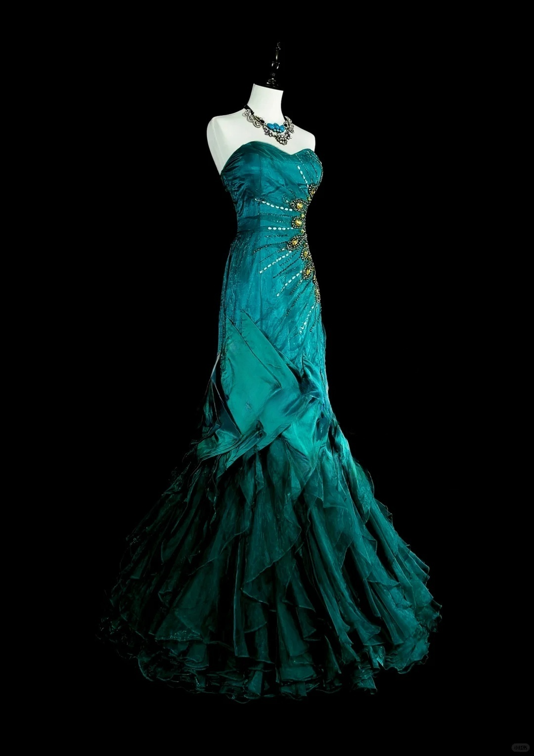 Retro Grünes trägerloses Meerjungfrau-Kleid mit Perlenbesatz und Rüschen, langes Vintage-Abendkleid, DP5203