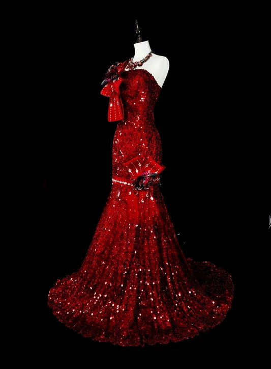 Charming Red One Shoulder Mermaid Sequins Vintage Long Evening Party Dress, DP5204