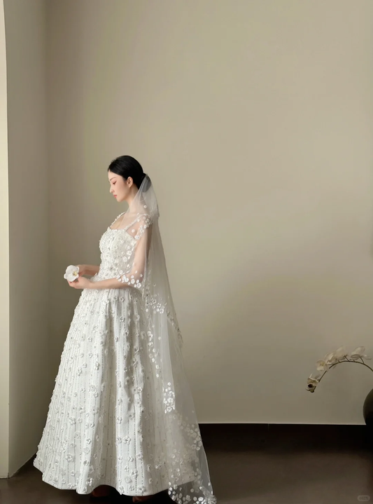 Elegant White Straps A-Line Beads Long Party Dress Bridal Dress Birthday Outfits, DP5105