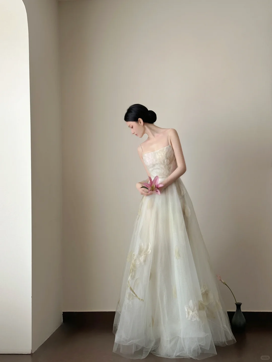 Elegantes Träger A-Linie Tüll Langes Partykleid Brautkleid Geburtstagsoutfits, DP5107