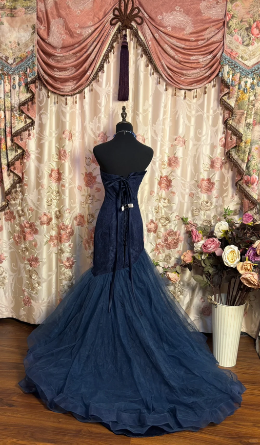Dark Navy Sweetheart Mermaid Tulle Long Prom Dress Formal Evening Dress, DP5059