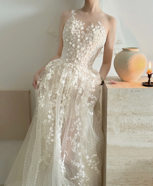 Elegantes elfenbeinfarbenes ärmelloses A-Linien-Hochzeitskleid mit Applikationen, Geburtstagsoutfits, DP5108