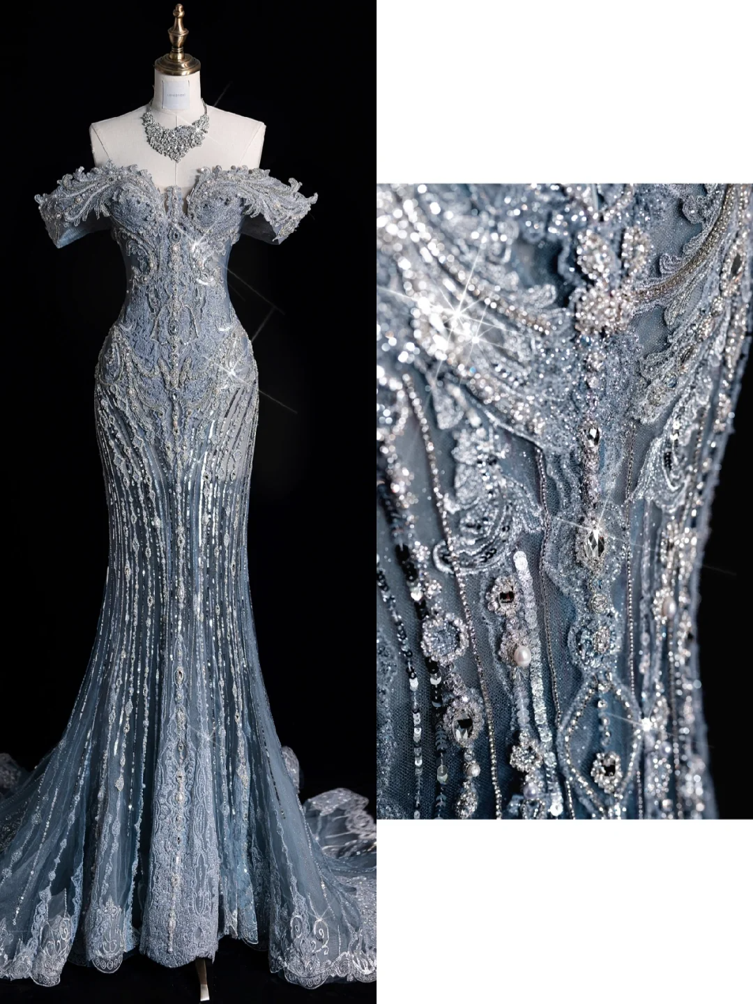 Blue Off Shoulder Mermaid Beading Long Evening Party Dresses Birthday Outfits, DP5209