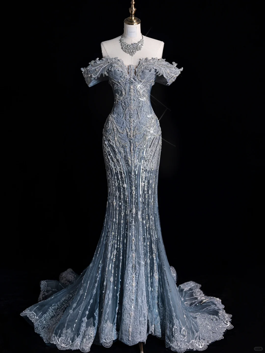 Robe de soirée longue bleue à épaules dénudées et perles, tenue d'anniversaire, DP5209