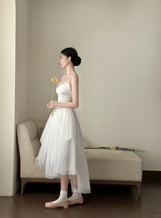 Simple White Spaghetti Straps A-Line Satin Midi Length Party Dress Birthday Outfits, DP5110