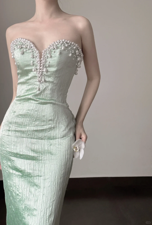 Sage Green Sweetheart Mermaid Beading Long Evening Dresses Birthday Outfits, DP5111