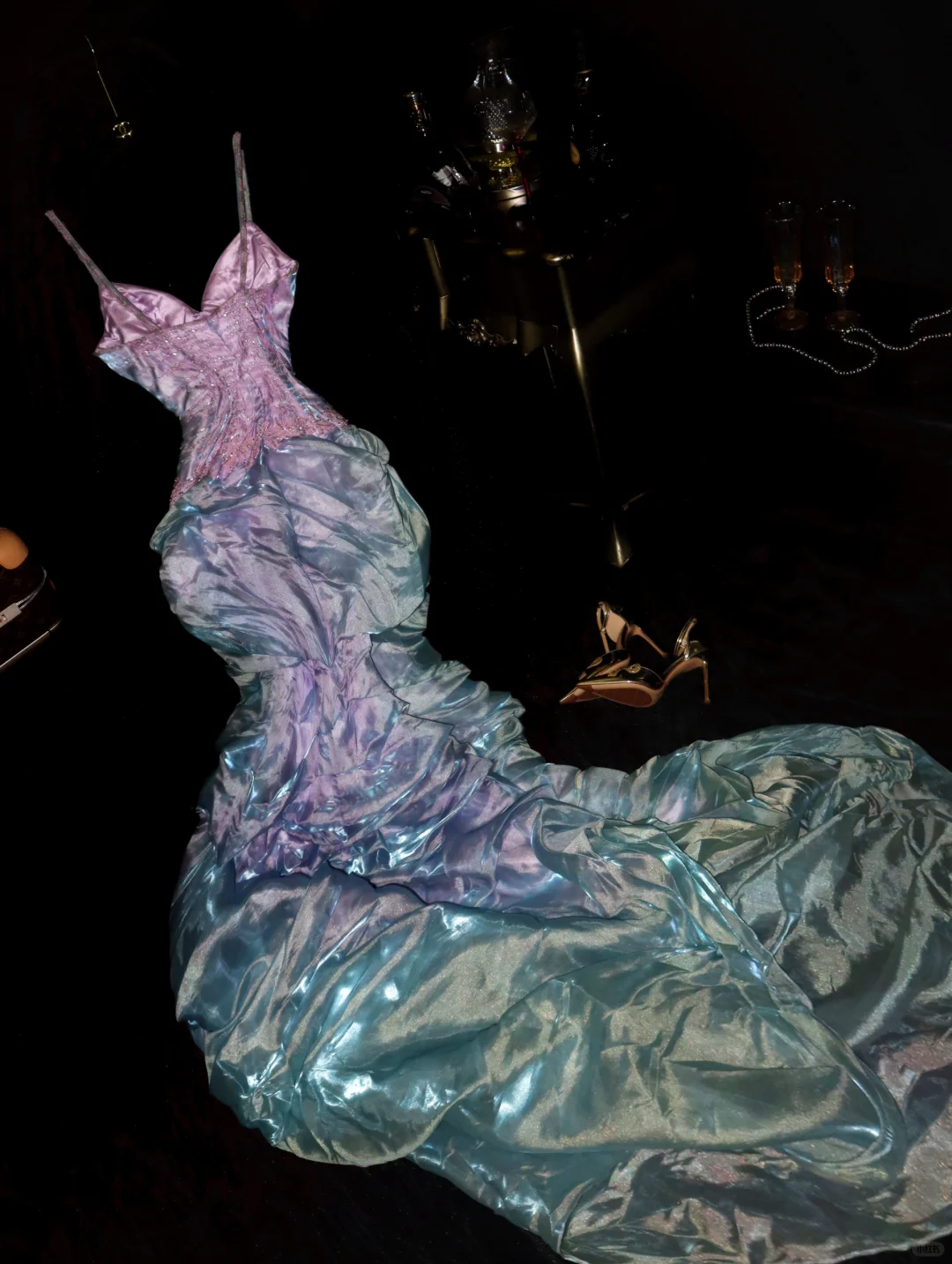 Superbe robe de soirée sirène longue en mousseline de soie avec bretelles et perles, tenue d'anniversaire, DP5069