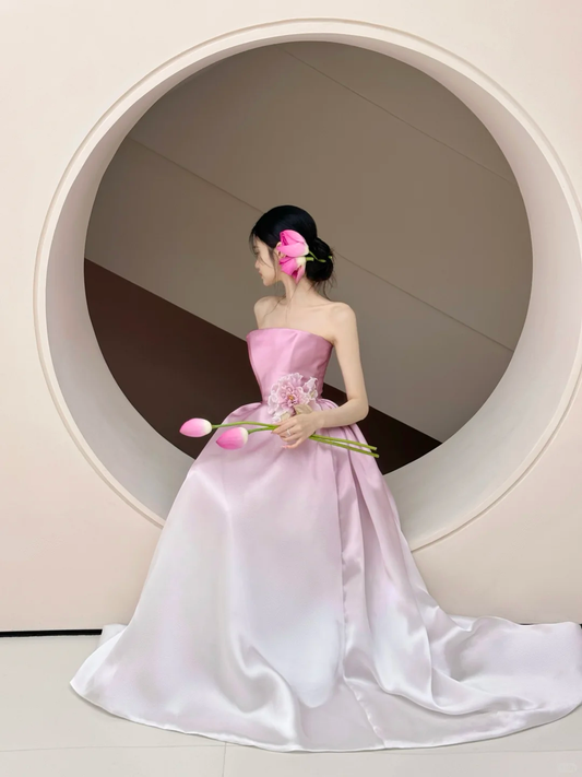 Elegant Strapless Ombre A-Line Satin Long Formal Party Dresses Evening Dresses, DP5040