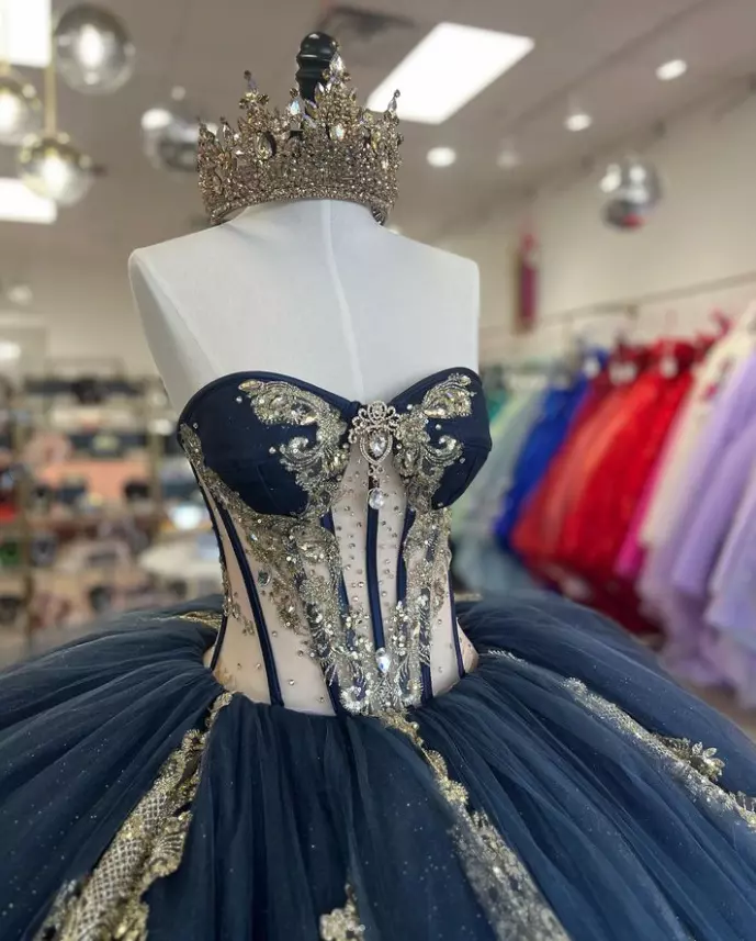 Dunkelblaues A-Linie Quinceanera-Kleid mit Herzausschnitt, Ballkleid zum 16. Geburtstag, DP5032