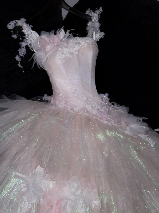 Gorgeous Pink Straps A-Line Tulle Sweet 16 Birthday Ball Gown Princess Party Dress, DP5050