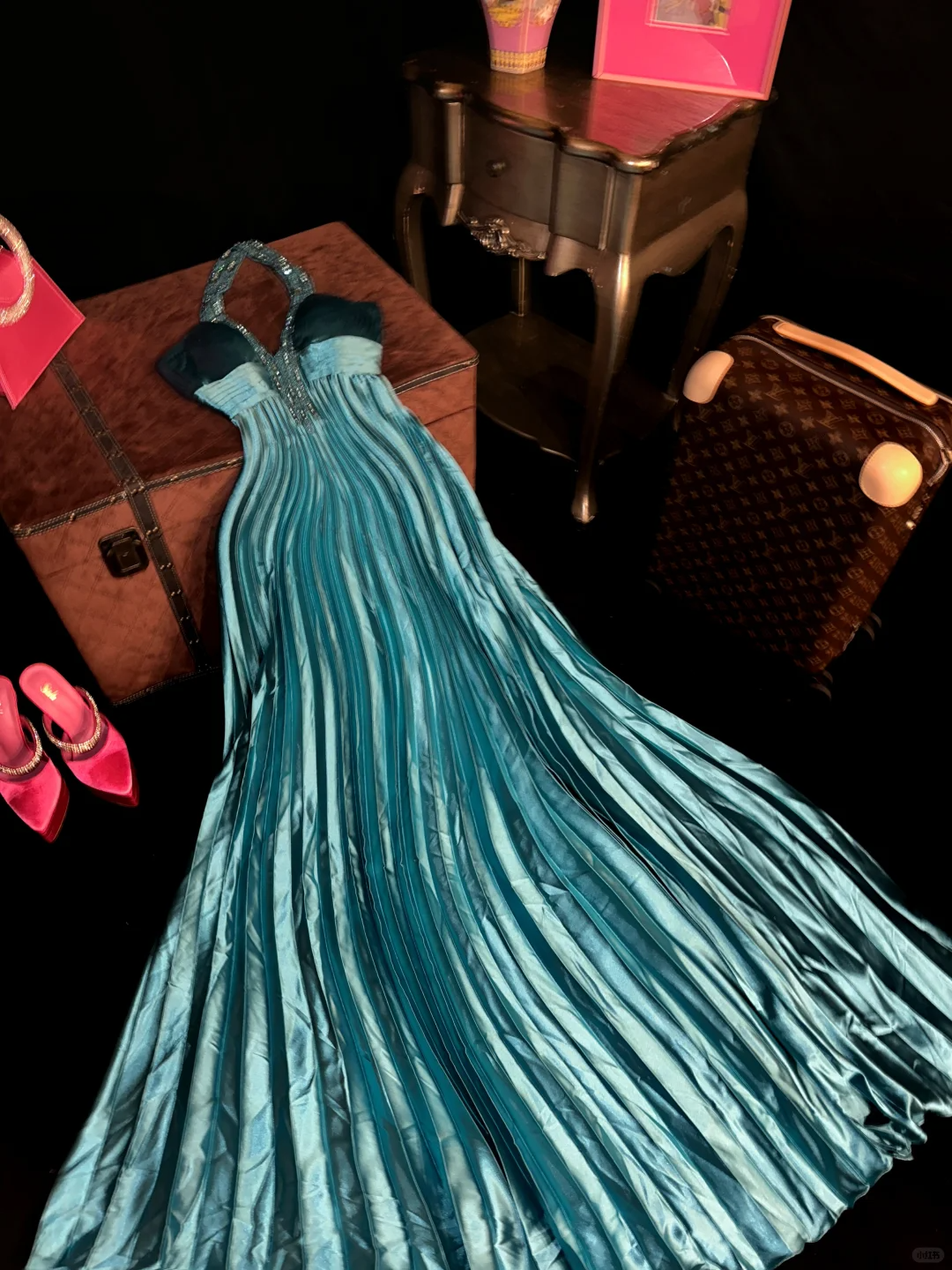 Blue Halter A-Line Satin Beading Long Evening Party Dress Birthday Outfits, DP5078