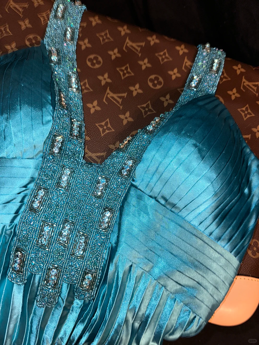 Blue Halter A-Line Satin Beading Long Evening Party Dress Birthday Outfits, DP5078