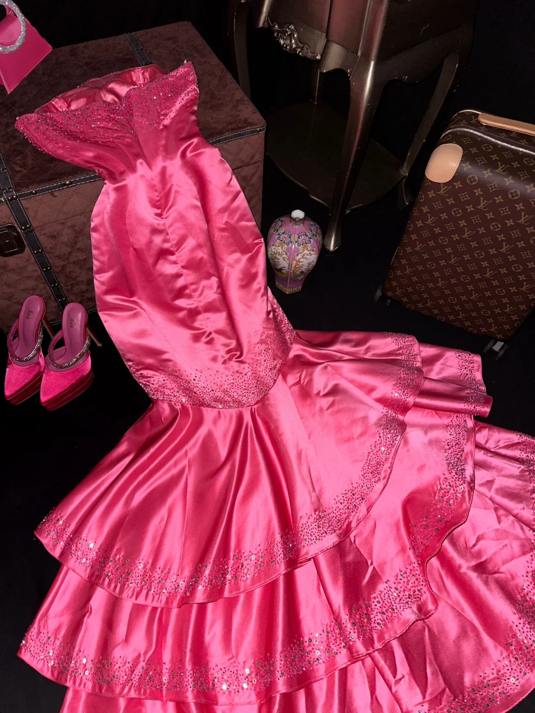 Robe de soirée longue rose vif, bustier, style sirène, avec perles, tenue d'anniversaire, DP5080