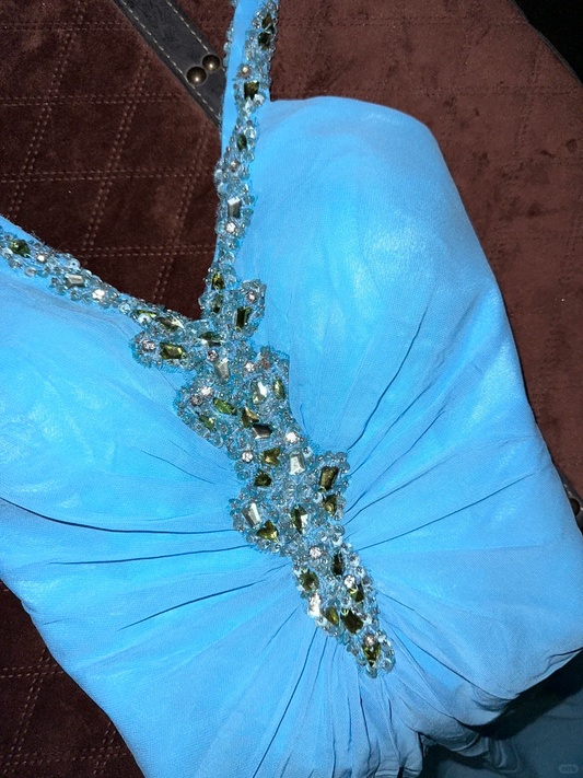 Blue Straps A-Line Beading Long Evening Party Dress Birthday Outfits, DP5081