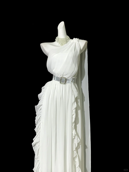 Robe longue élégante en mousseline de soie, asymétrique, coupe trapèze, à volants, tenue de soirée, d'anniversaire, DP5061