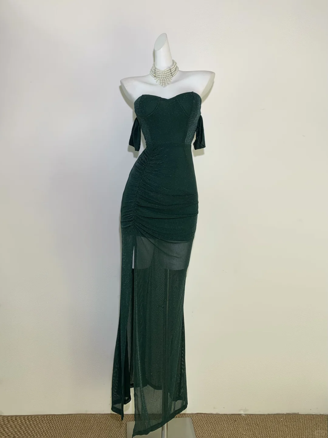 Dark Green Off Shoulder Mermaid Split Sexy Long Evening Party Dress, DP5062