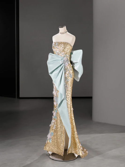 Atemberaubendes, trägerloses, langes Abend- und Partykleid mit Pailletten und Meerjungfrau-Applikationen in Gold, DP5034
