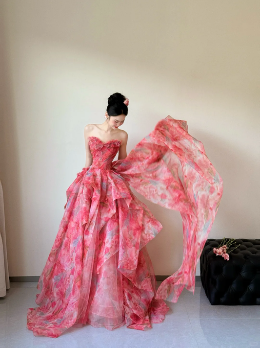 Robe longue de soirée en mousseline imprimée rose vif, coupe trapèze, décolleté en cœur, tenue d'anniversaire, DP5042