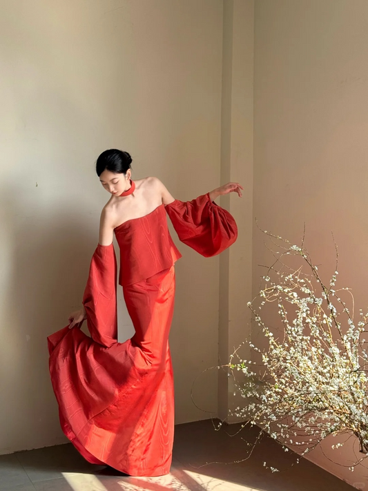 Elegant Strapless Mermaid Red Long Evening Party Dress Birthday Outfits, DP5052