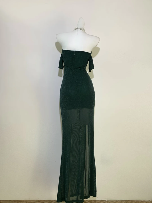 Dark Green Off Shoulder Mermaid Split Sexy Long Evening Party Dress, DP5062