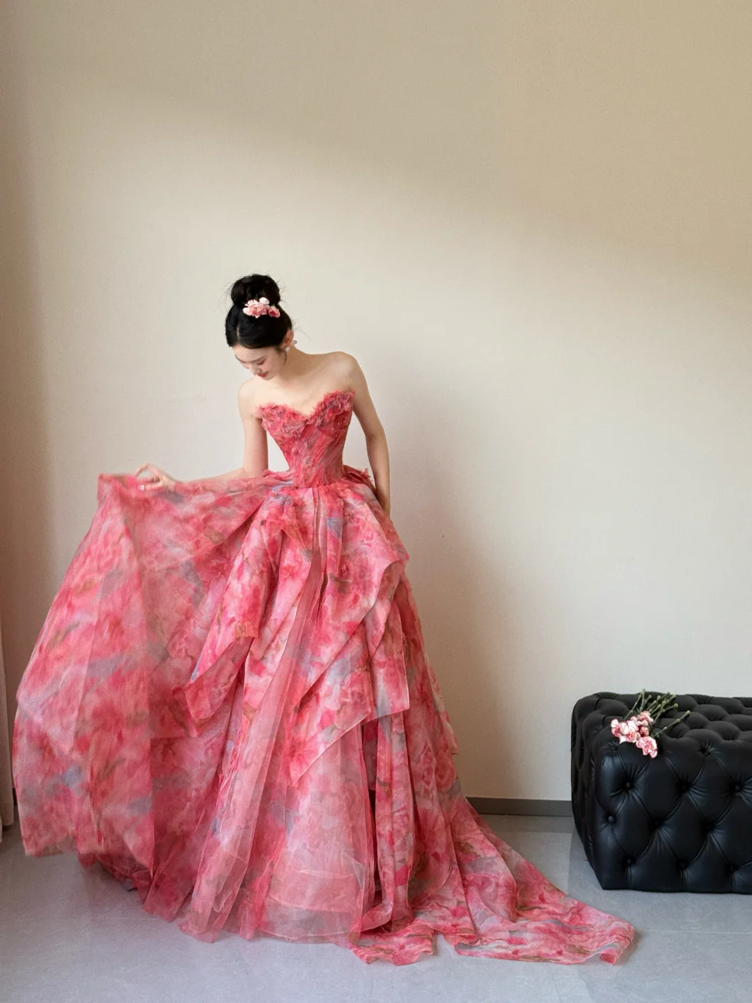 Robe longue de soirée en mousseline imprimée rose vif, coupe trapèze, décolleté en cœur, tenue d'anniversaire, DP5042