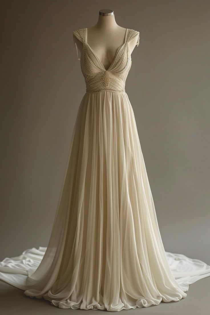 Robe de mariée élégante en mousseline de soie ivoire, décolleté en V, coupe trapèze, DP4309