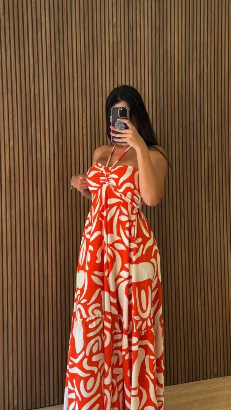 Orange Neckholder A-Linie Bedrucktes Langes Partykleid Modisches Urlaubskleid, DP4332