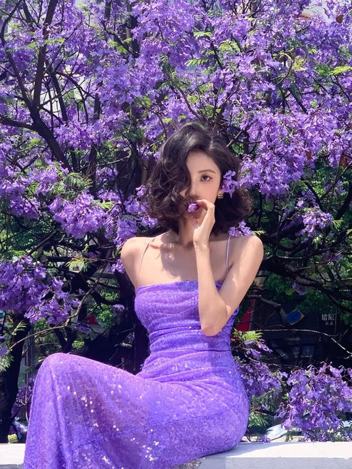 Lila Spaghettiträger Pailletten Meerjungfrau Langes Partykleid, DP4345