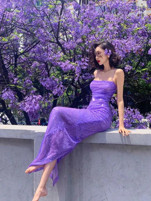 Lila Spaghettiträger Pailletten Meerjungfrau Langes Partykleid, DP4345