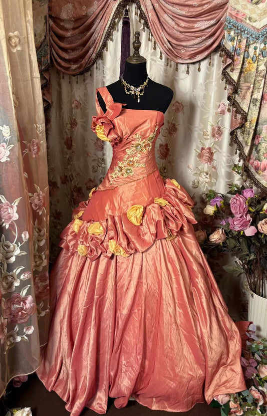 Robe de soirée longue en satin à motif floral vintage, asymétrique, coupe trapèze, DP4350