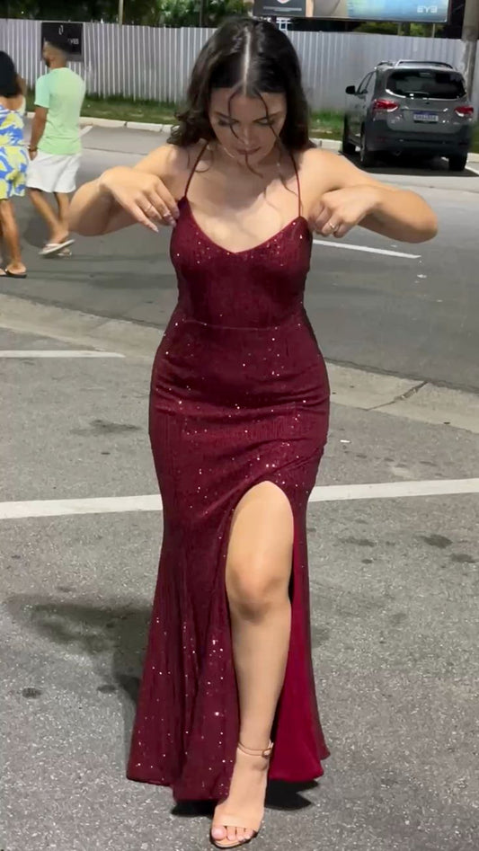 Glänzendes Burgunderrotes Etuikleid mit Trägern, langes Partykleid, Abendkleid, DP4355