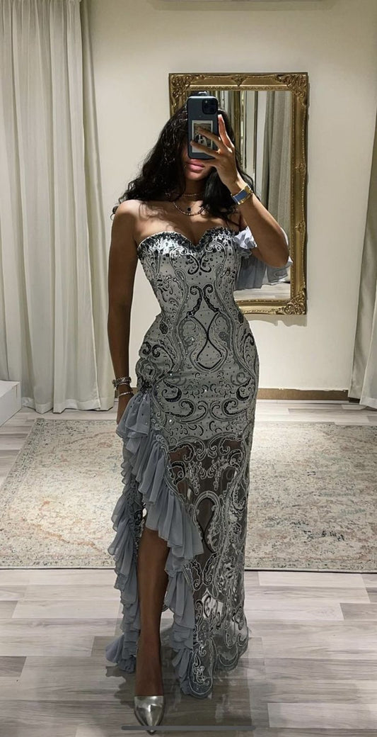 Robe de soirée longue bleu clair à volants et perles, décolleté en cœur, DP4368